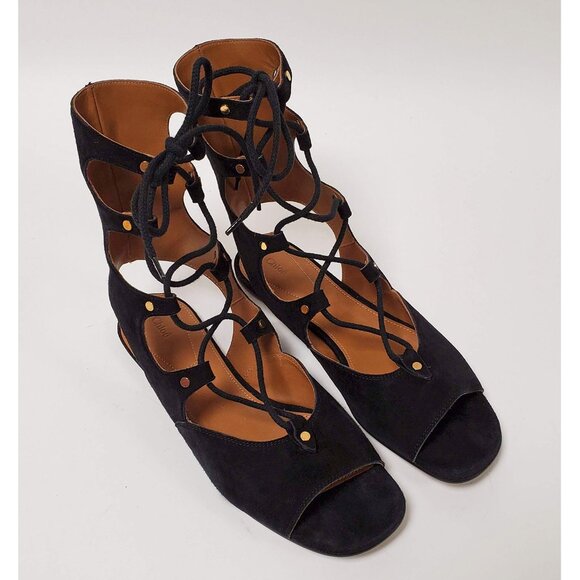 CHLOE SHOES SUEDE LEATHER MID CALF GLADIATOR FOSTER SANDALS sz IT 38 7 US - Picture 7 of 10